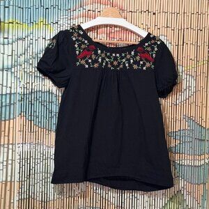 Sugar 17 Embroidered Folk Design Short Sleeve Cotton Blouse, Black Multi, Large